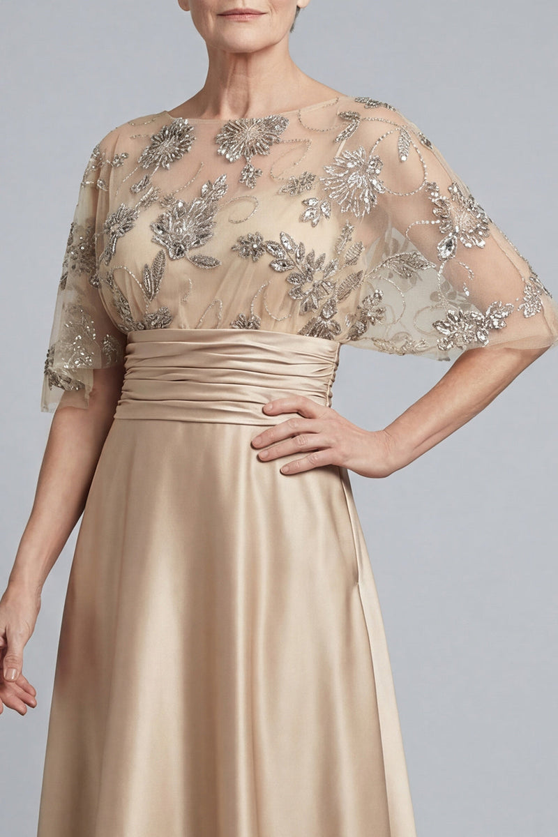 Load image into Gallery viewer, Champagne A Line Floral Sparkly Beaded Long Mother of the Bride Dress