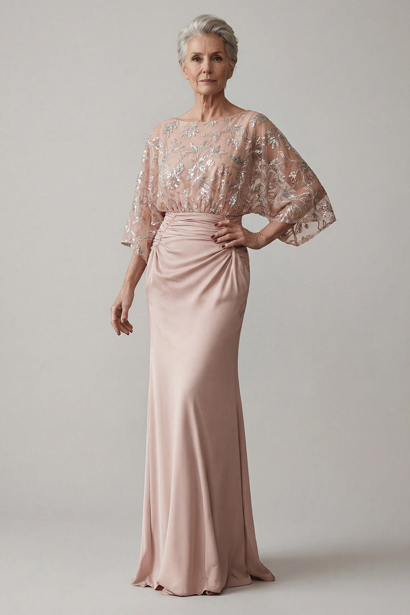 Load image into Gallery viewer, Sparkly Blush Mermaid Boat Neck Floral Beaded Long Mother of the Bride Dress