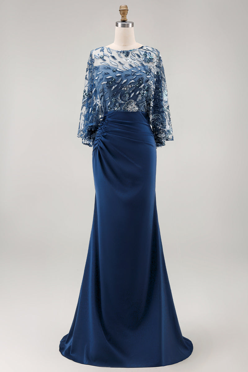 Load image into Gallery viewer, Mermaid Floral Sparkly Navy Sequin Long Ruched Mother of the Bride Dress