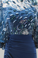 Load image into Gallery viewer, Mermaid Floral Sparkly Navy Sequin Long Ruched Mother of the Bride Dress