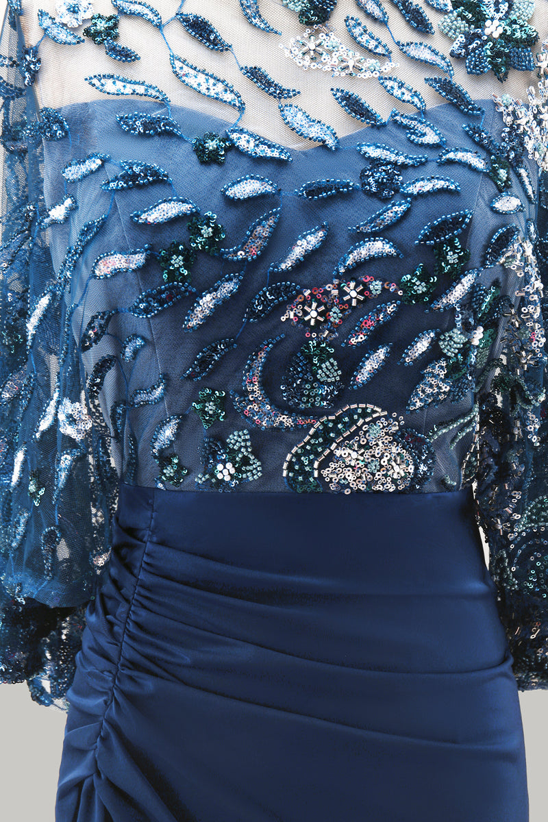 Load image into Gallery viewer, Mermaid Floral Sparkly Navy Sequin Long Ruched Mother of the Bride Dress