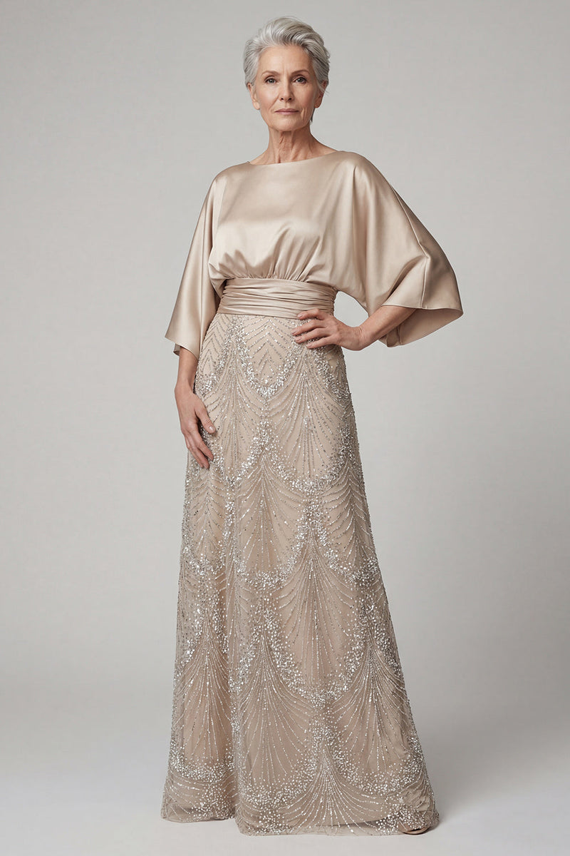 Load image into Gallery viewer, Boat Neck A Line Sparkly Beaded Champagne Long Mother of the Bride Dress