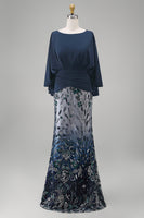 Load image into Gallery viewer, Mermaid Long Floral Navy Sparkly Sequin Mother of the Bride Dress