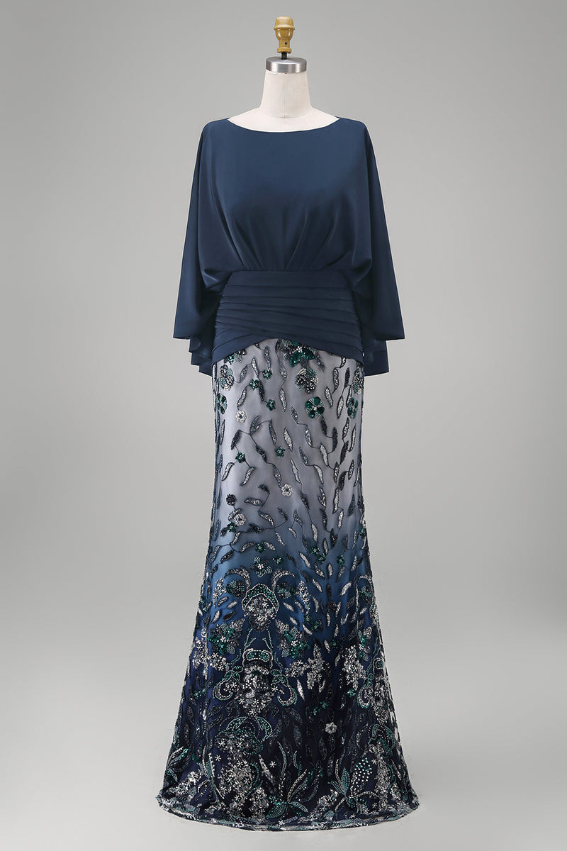 Load image into Gallery viewer, Mermaid Long Floral Navy Sparkly Sequin Mother of the Bride Dress