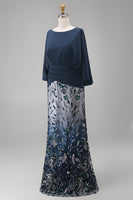 Load image into Gallery viewer, Mermaid Long Floral Navy Sparkly Sequin Mother of the Bride Dress