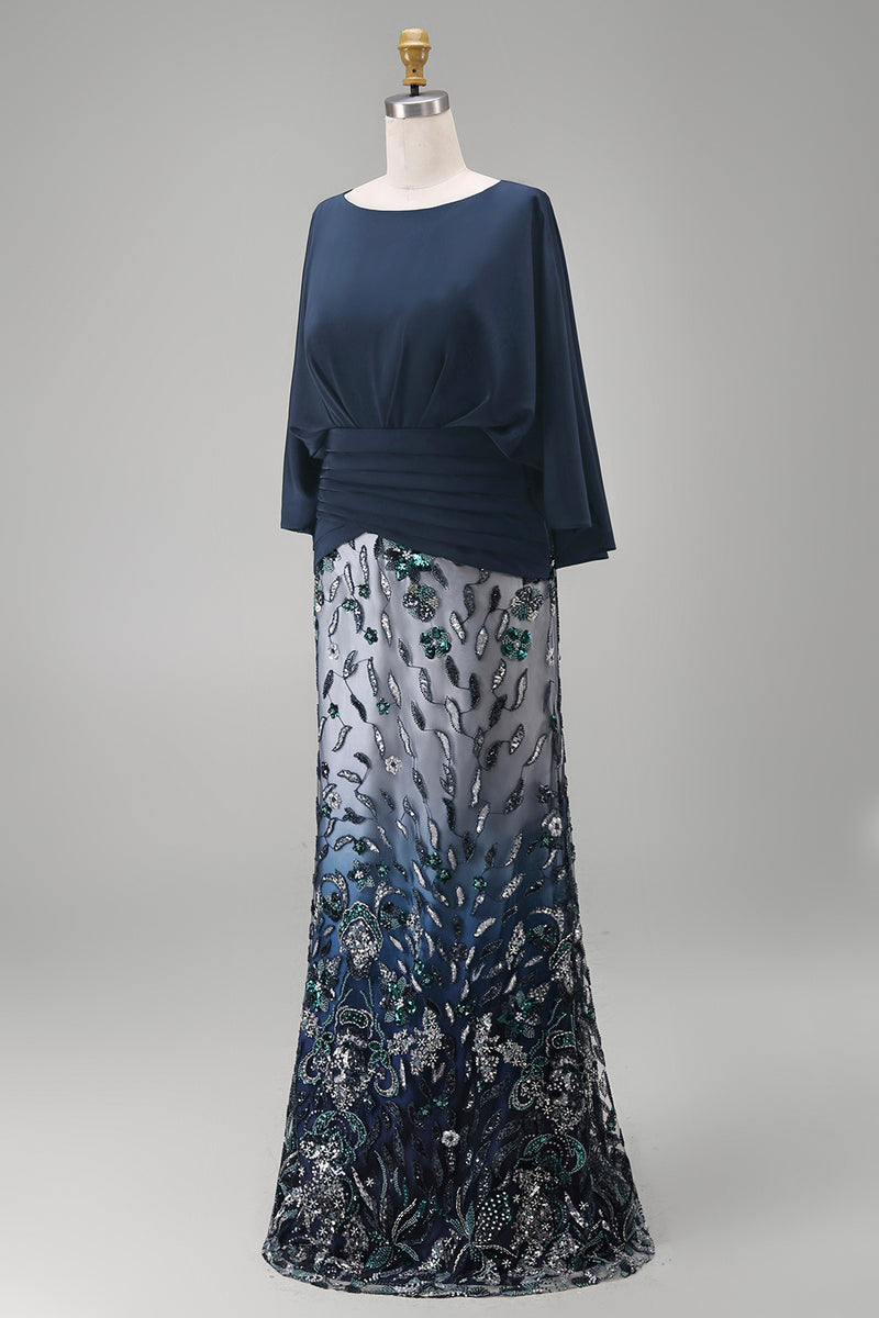 Load image into Gallery viewer, Mermaid Long Floral Navy Sparkly Sequin Mother of the Bride Dress