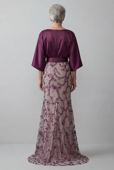 Mermaid Sparkly Sequin Dark Purple Long Boat Neck Mother of the Bride Dress