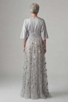 A Line Floral Sequin Sparkly Silver Long Mother of the Bride Dress