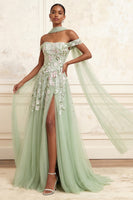 Load image into Gallery viewer, A Line Dusty Sage Floral Neck Scarf Long Prom Dress with Slit