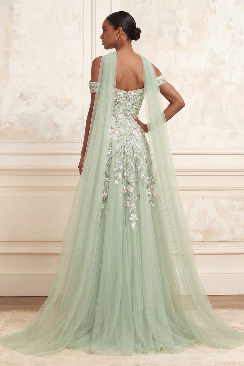Load image into Gallery viewer, A Line Dusty Sage Floral Neck Scarf Long Prom Dress with Slit
