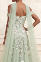 Load image into Gallery viewer, A Line Dusty Sage Floral Neck Scarf Long Prom Dress with Slit