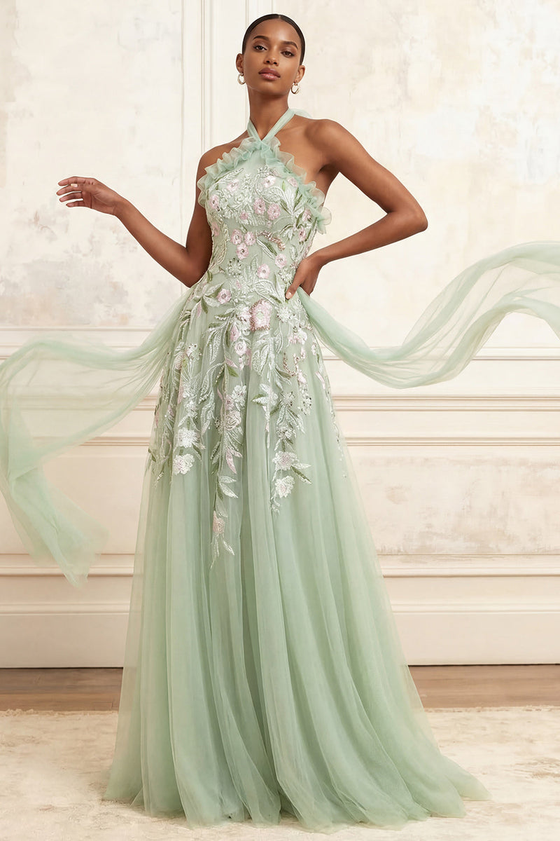 Load image into Gallery viewer, Floral Halter Dusty Sage Long A Line Prom Dress with Cape