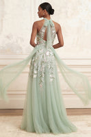Load image into Gallery viewer, Floral Halter Dusty Sage Long A Line Prom Dress with Cape