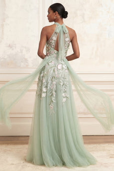Floral Halter Dusty Sage Long A Line Prom Dress with Cape