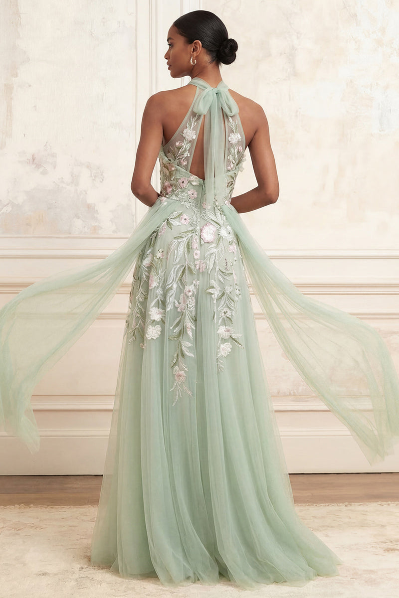 Load image into Gallery viewer, Floral Halter Dusty Sage Long A Line Prom Dress with Cape