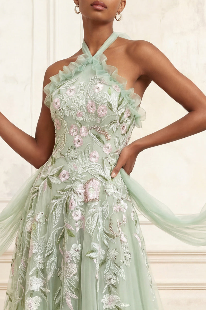 Load image into Gallery viewer, Floral Halter Dusty Sage Long A Line Prom Dress with Cape