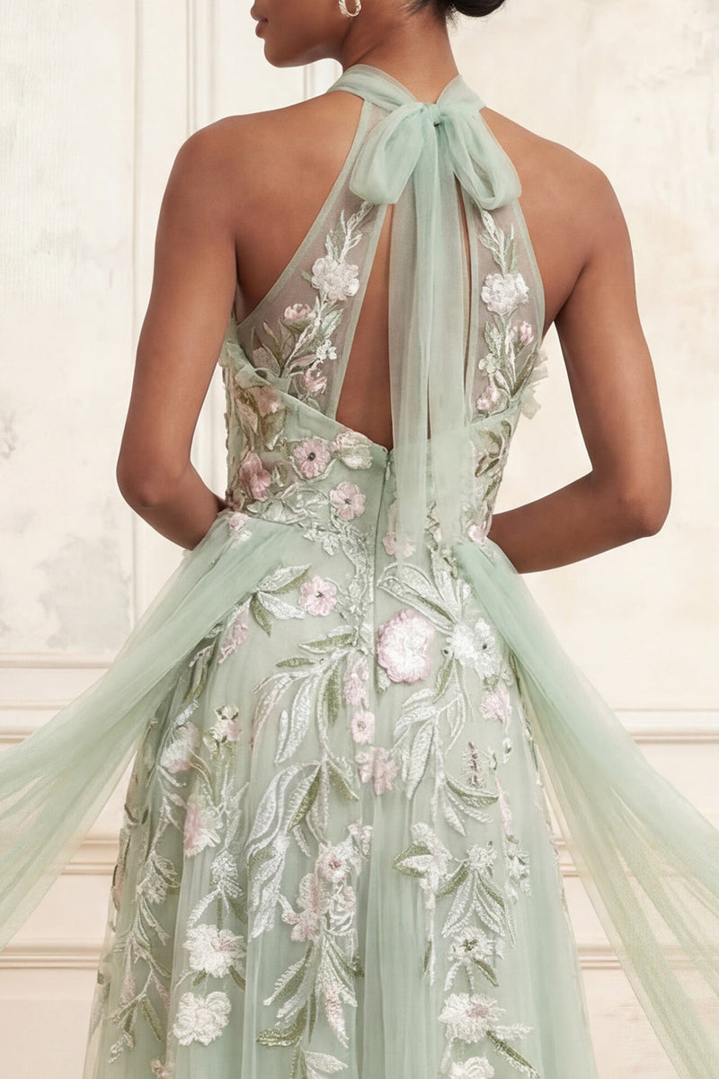 Load image into Gallery viewer, Floral Halter Dusty Sage Long A Line Prom Dress with Cape
