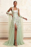 Load image into Gallery viewer, Halter Ruched A Line Dusty Sage Floral Long Prom Dress with Shawl