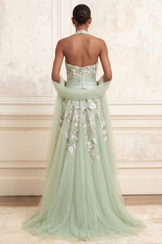 Halter Ruched A Line Dusty Sage Floral Long Prom Dress with Shawl