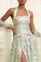 Load image into Gallery viewer, Halter Ruched A Line Dusty Sage Floral Long Prom Dress with Shawl