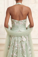 Load image into Gallery viewer, Halter Ruched A Line Dusty Sage Floral Long Prom Dress with Shawl