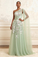 Load image into Gallery viewer, Long Floral Dusty Sage A Line Ruched Prom Dress with Side Cape