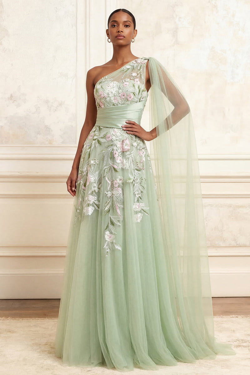 Load image into Gallery viewer, Long Floral Dusty Sage A Line Ruched Prom Dress with Side Cape