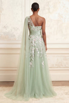 Long Floral Dusty Sage A Line Ruched Prom Dress with Side Cape