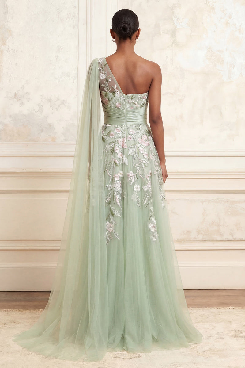 Load image into Gallery viewer, Long Floral Dusty Sage A Line Ruched Prom Dress with Side Cape