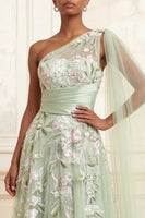 Load image into Gallery viewer, Long Floral Dusty Sage A Line Ruched Prom Dress with Side Cape