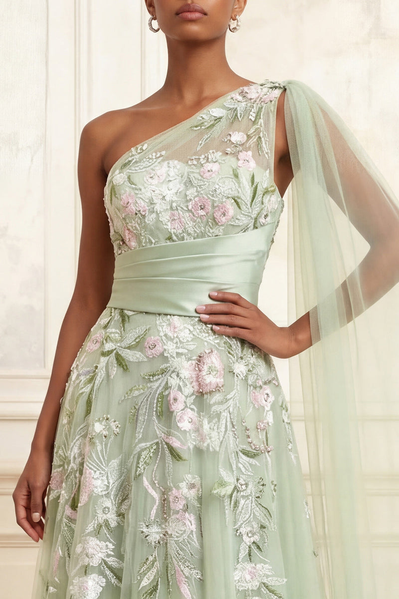 Load image into Gallery viewer, Long Floral Dusty Sage A Line Ruched Prom Dress with Side Cape