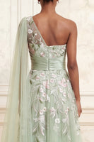 Load image into Gallery viewer, Long Floral Dusty Sage A Line Ruched Prom Dress with Side Cape