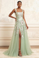 Load image into Gallery viewer, Ruched A Line Dusty Sage Floral Square Neck Long Prom Dress with Slit