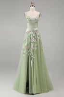 Load image into Gallery viewer, Ruched A Line Dusty Sage Floral Square Neck Long Prom Dress with Slit