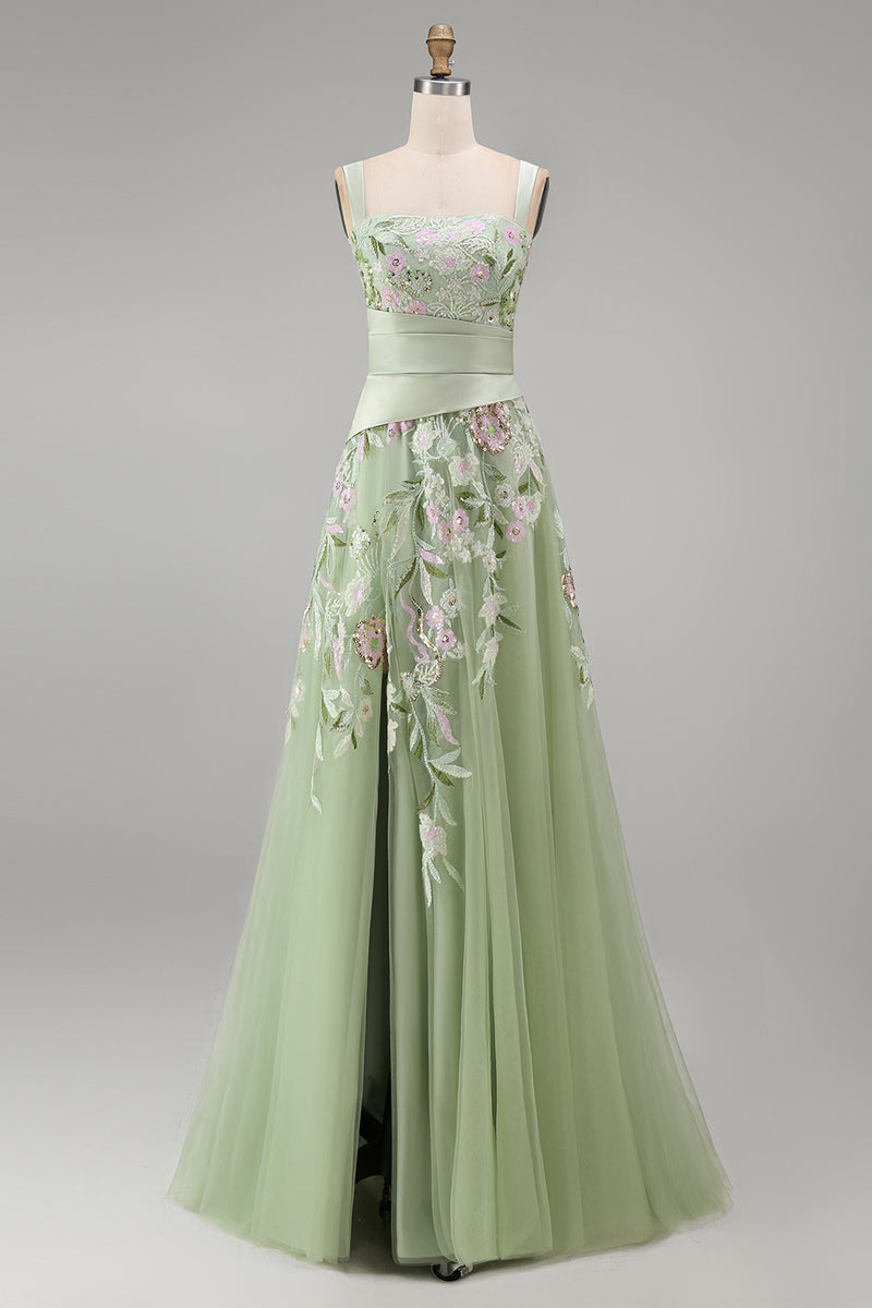 Load image into Gallery viewer, Ruched A Line Dusty Sage Floral Square Neck Long Prom Dress with Slit
