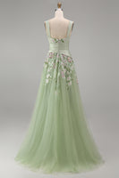 Load image into Gallery viewer, Ruched A Line Dusty Sage Floral Square Neck Long Prom Dress with Slit