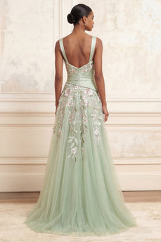 Ruched A Line Dusty Sage Floral Square Neck Long Prom Dress with Slit