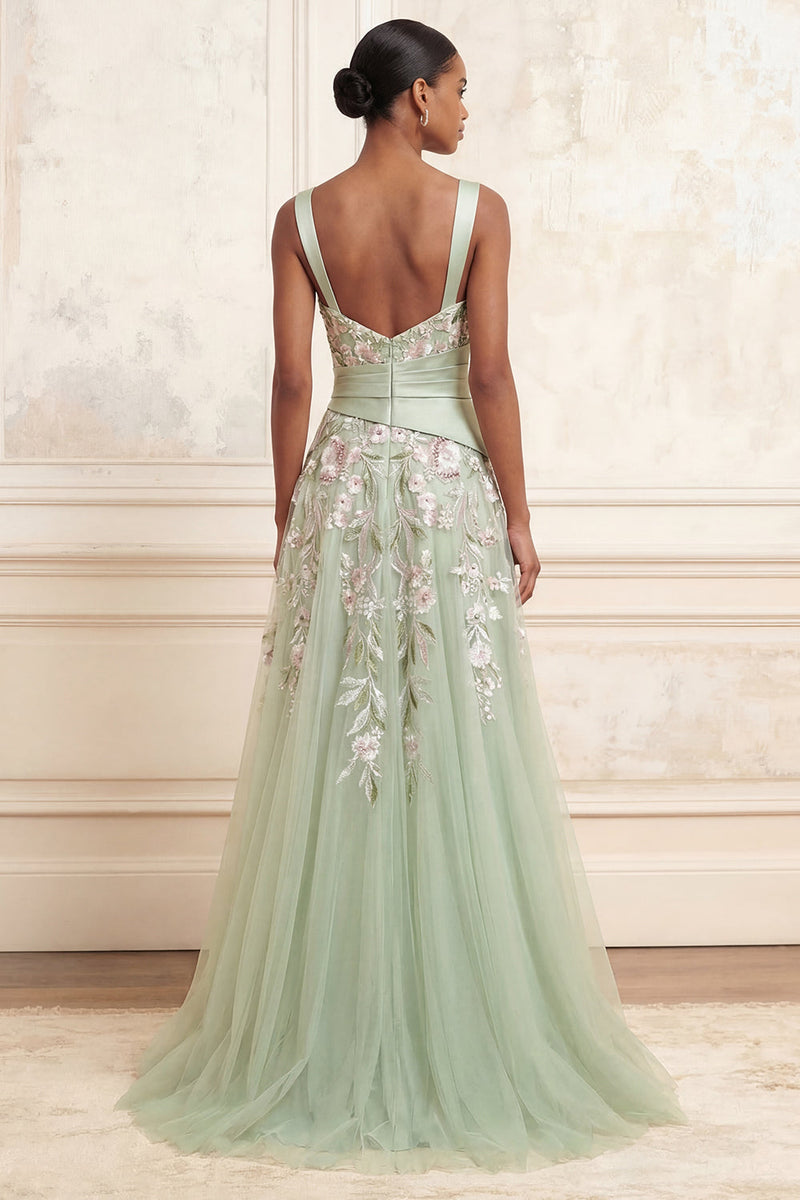 Load image into Gallery viewer, Ruched A Line Dusty Sage Floral Square Neck Long Prom Dress with Slit