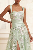 Load image into Gallery viewer, Ruched A Line Dusty Sage Floral Square Neck Long Prom Dress with Slit