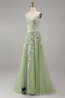 Load image into Gallery viewer, Ruched A Line Dusty Sage Floral Square Neck Long Prom Dress with Slit