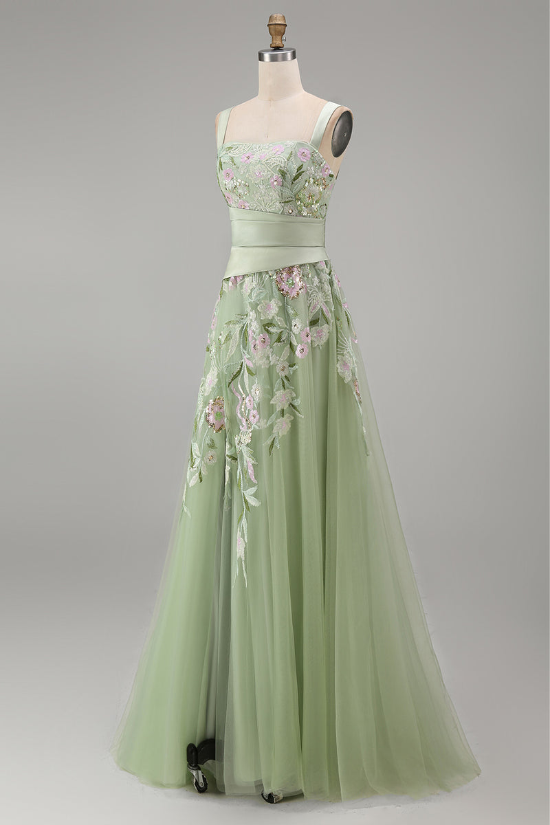 Load image into Gallery viewer, Ruched A Line Dusty Sage Floral Square Neck Long Prom Dress with Slit