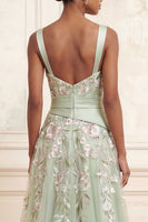 Load image into Gallery viewer, Ruched A Line Dusty Sage Floral Square Neck Long Prom Dress with Slit