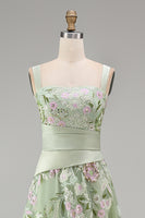 Load image into Gallery viewer, Ruched A Line Dusty Sage Floral Square Neck Long Prom Dress with Slit