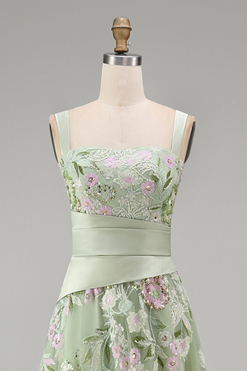 Load image into Gallery viewer, Ruched A Line Dusty Sage Floral Square Neck Long Prom Dress with Slit