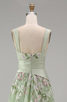 Load image into Gallery viewer, Ruched A Line Dusty Sage Floral Square Neck Long Prom Dress with Slit