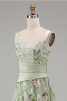 Load image into Gallery viewer, Ruched A Line Dusty Sage Floral Square Neck Long Prom Dress with Slit
