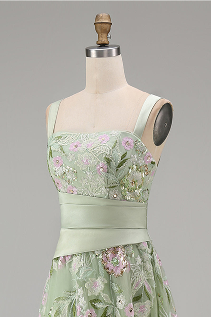Load image into Gallery viewer, Ruched A Line Dusty Sage Floral Square Neck Long Prom Dress with Slit