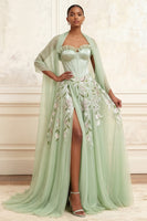 Load image into Gallery viewer, Corset Ruffled Floral Dusty Sage A Line Long Prom Dress with Shawl