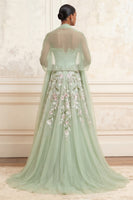 Load image into Gallery viewer, Corset Ruffled Floral Dusty Sage A Line Long Prom Dress with Shawl