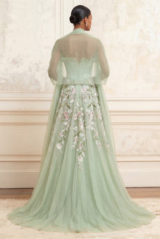 Corset Ruffled Floral Dusty Sage A Line Long Prom Dress with Shawl